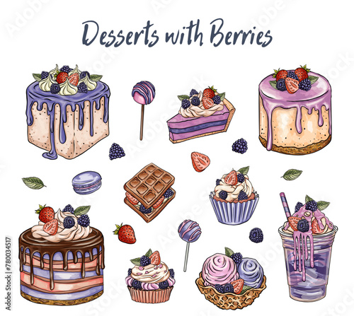drawn illustration, Desserts with Berries
 isolated on a white background. Sweets cake with berries and fruits, chocolate. Ice cream, cake. delicious desserts with fruit fillings
