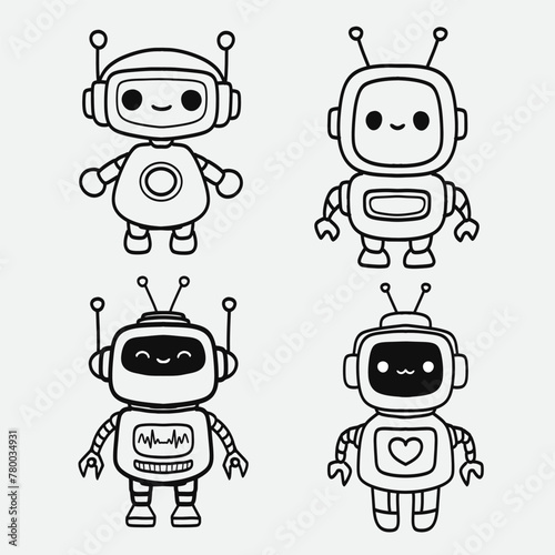 set of funny cartoon robots. Simple robot character set.