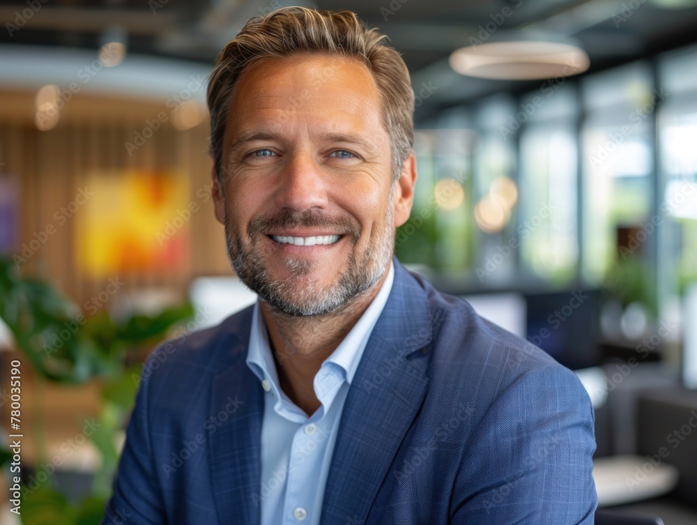Smiling Man in Blue Suit Sits in Office Smiling Man in Blue Suit Sits in Office