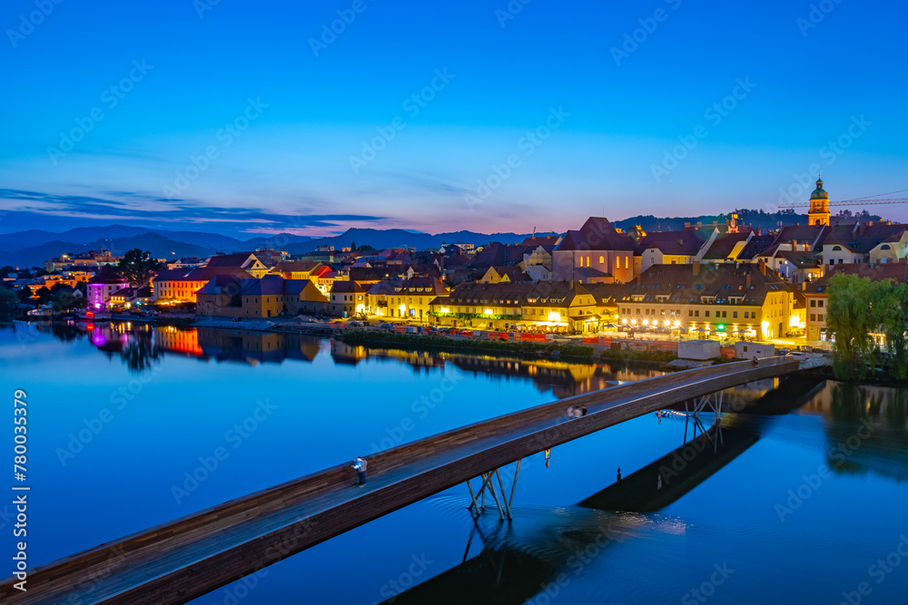 Sunset view of riverside of Drava river in Maribor, Slovenia