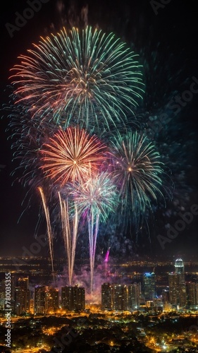 Photo captures stunning display of colorful fireworks lighting up night sky above bustling city. Vibrant bursts of light create mesmerizing spectacle against dark backdrop.