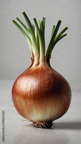 Photo features vibrant onion with distinctive stem on top. Onion symbol of autumn, commonly used for decorations, culinary purposes.