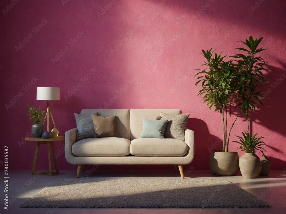 Modern living room basks in soft glow of natural light, setting cozy scene. Plush beige sofa, adorned with three decorative pillows, sits atop textured area rug, creating atmosphere of relaxation. Modern living room basks in soft glow of natural light, setting cozy scene. Plush beige sofa, adorned with three decorative pillows, sits atop textured area rug, creating atmosphere of relaxation.