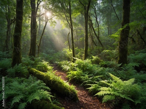 Winding path cuts through lush forest filled with variety of green vegetation. Dense foliage creates serene atmosphere, with sunlight filtering through canopy above. Various types of trees, ferns,. photo