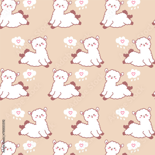 Seamless vector pattern with cute alpacas and hearts. Kawaii cute seamless pattern with alpaca on soft brown background.