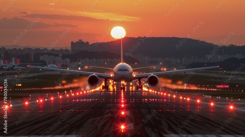 Fototapeta premium Touchdown at Dusk: Airplane Arrival