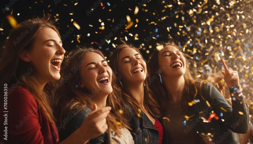 A group of four young women laughing and enjoying a celebration showered in golden confetti.