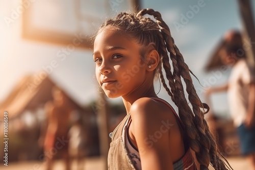 Portrait of teenage girl playing in basketball. photo