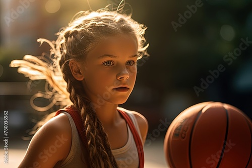 Portrait of teenage girl playing in basketball. © moumeni