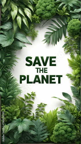 SAVE THE PLANET Text in the Middle of a White Background Surrounded by Greenery A Call to Environment