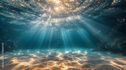 Sunbeams piercing through ocean water to sandy floor. © pixcel3d