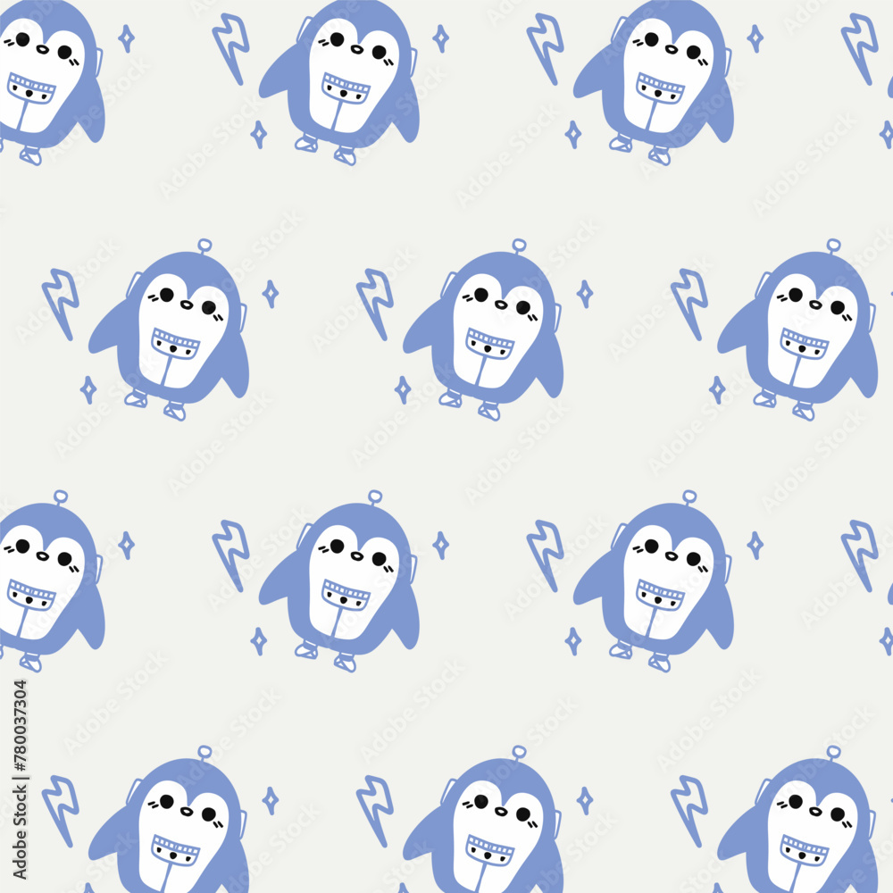 Kawaii cute seamless pattern with blue penguin robot on white background. Kawaii cute seamless pattern with blue penguin robot on white background.