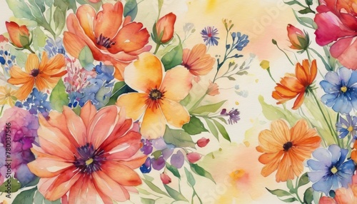 A vibrant watercolor painting featuring a bouquet of assorted flowers in full bloom, showcasing a spectrum of warm colors. #780037546