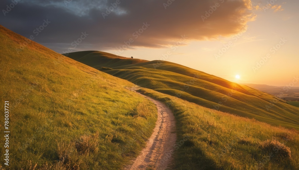 The last rays of sun casting a golden glow on a winding path through the lush, rolling hills, inviting exploration