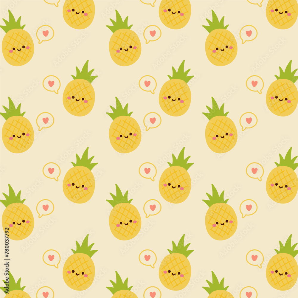 Kawaii cute seamless pattern with pineapple on yellow background.