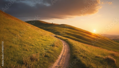 The last rays of sun casting a golden glow on a winding path through the lush, rolling hills, inviting exploration
