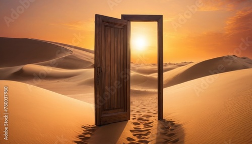 A surreal scene featuring an open wooden door in the middle of a tranquil desert, bathed in the warm glow of a sunset, representing opportunity.