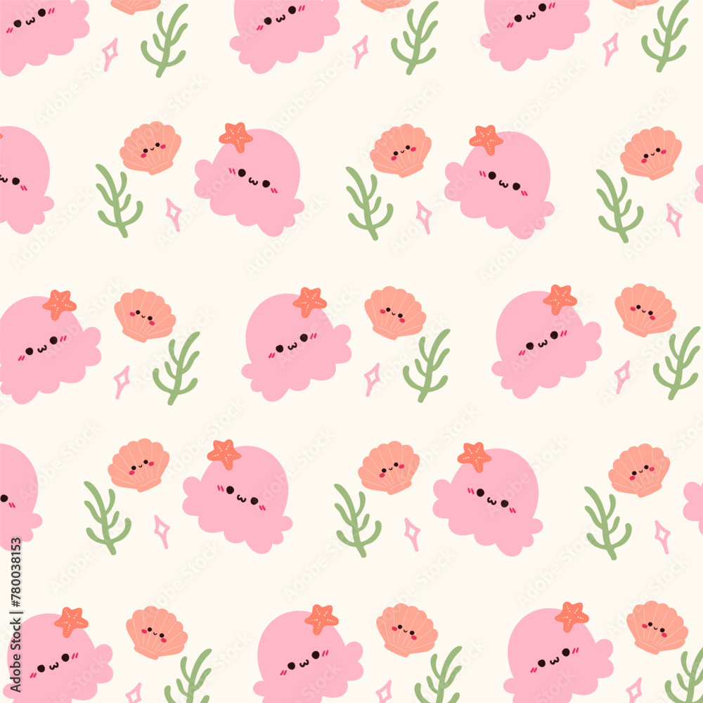 Seamless pattern with cute squid and shell.