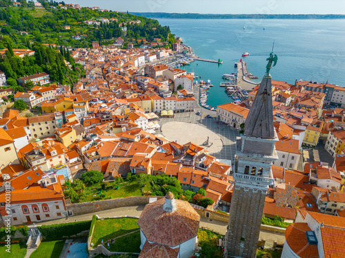 Aerial view of the cathedral and city center of Piran, Slovenia photo