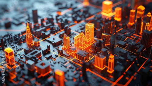 3d model of city map with buildings and roads, orange network lines connecting them to each other. an intricate city model with skyscrapers. photo