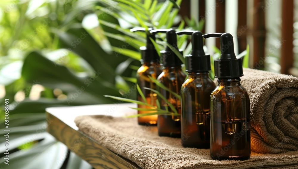 A row of amber glass bottles with dropper tops, each containing essential oils or liquid scents. Collection of organic cosmetic oils is elegantly displayed Each bottle, made of brown glass A row of amber glass bottles with dropper tops, each containing essential oils or liquid scents. Collection of organic cosmetic oils is elegantly displayed Each bottle, made of brown glass