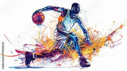 A carefully crafted basketball player with a ball, the influence of street graffiti, a mysterious mood, bright colors with sharp contrasting shadows. 