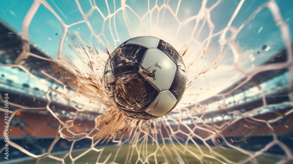 Soccer ball in goal in a soccer field. - obrazy, fototapety, plakaty 