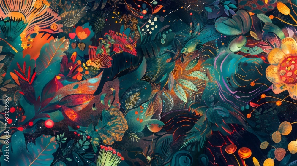 Abstract illustration of a whimsical wilderness, where fantastical flora and fauna intertwine in a riot of colors and textures, accented with touches of radiant gold, ideal for vibrant murals. Abstract illustration of a whimsical wilderness, where fantastical flora and fauna intertwine in a riot of colors and textures, accented with touches of radiant gold, ideal for vibrant murals.