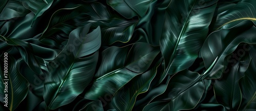 abstract dark black and green background with flowing leaves, monochromatic, Textures of abstract black leaves for tropical leaf