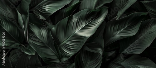 abstract dark black and green background with flowing leaves  monochromatic  Textures of abstract black leaves for tropical leaf