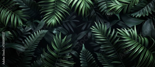abstract dark black and green background with flowing leaves, monochromatic, Textures of abstract black leaves for tropical leaf