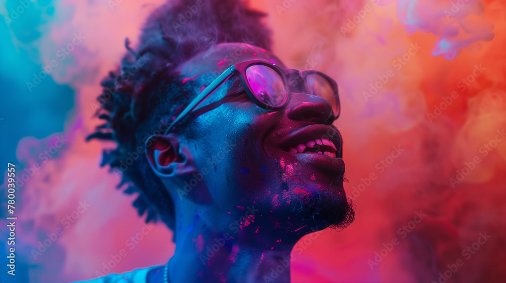 Cheerful african american man at the festival of colors Holi, Close-up of a man smiling joyfully, covered in vivid colors during Holi festival celebrations.
