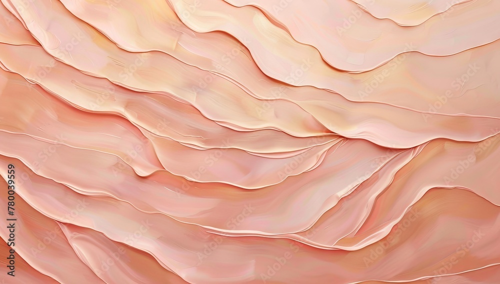 Abstract painting with fluid lines and soft curves in shades of rose gold, resembling the surface texture of sand dunes under sunset light. The background is a gradient from peach to pink. Abstract painting with fluid lines and soft curves in shades of rose gold, resembling the surface texture of sand dunes under sunset light. The background is a gradient from peach to pink.