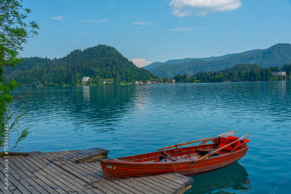 Rowing boat at shore of lake Bled in Slovenia