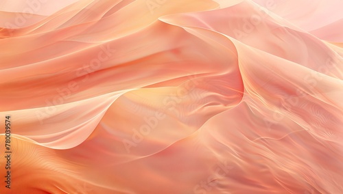 Abstract painting with fluid lines and soft curves in shades of rose gold, resembling the surface texture of sand dunes under sunset light. The background is a gradient from peach to pink.
