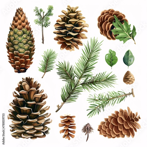 a collection of pine cones and leaves