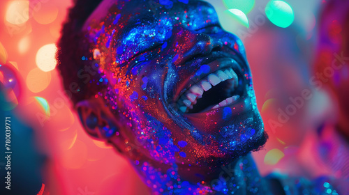 Cheerful african american man at the festival of colors Holi, Close-up of a man smiling joyfully, covered in vivid colors during Holi festival celebrations. 