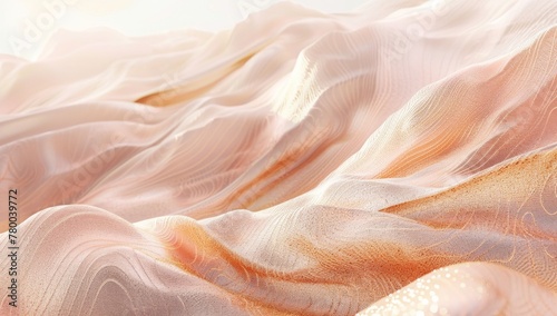 Abstract painting with fluid lines and soft curves in shades of rose gold, resembling the surface texture of sand dunes under sunset light. The background is a gradient from peach to pink.