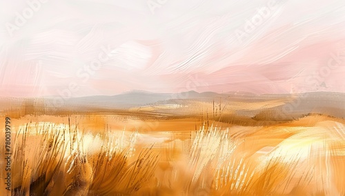 Abstract painting with fluid lines and soft curves in shades of rose gold  resembling the surface texture of sand dunes under sunset light. The background is a gradient from peach to pink.