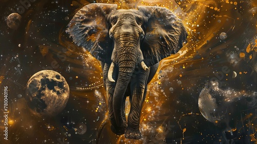 Abstract oil painting illustration of an elephant surrounded by celestial elements like stars, moons, and galaxies, all rendered in lustrous golden tones against a deep, cosmic backdrop.