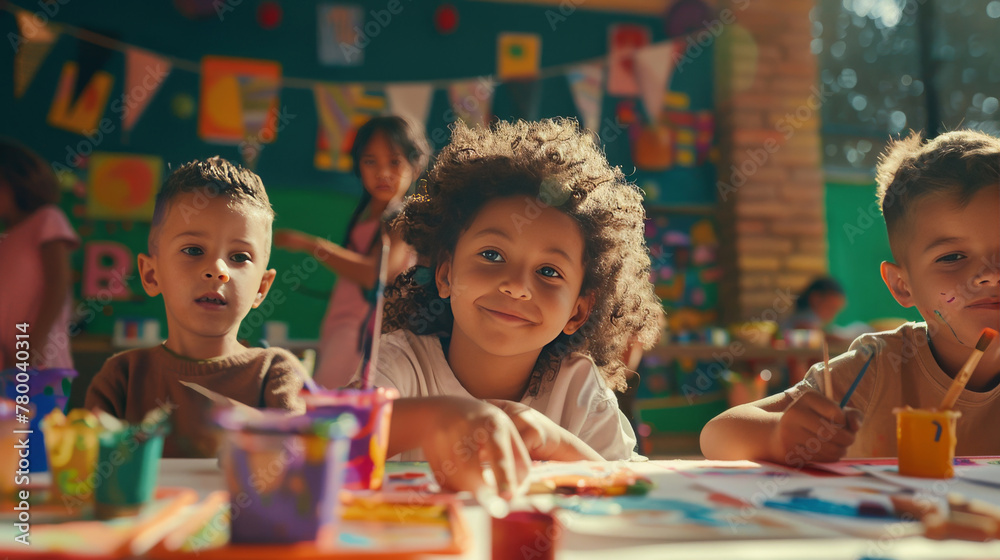 A diverse group of happy children sitting at a table in art class ...