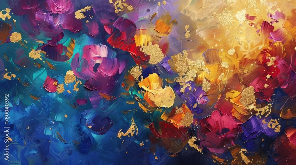 abstract oil painting, art piece featuring a symphony of colorful flowers and leaves dancing across the canvas, with accents of shimmering gold adding a touch of luxury.