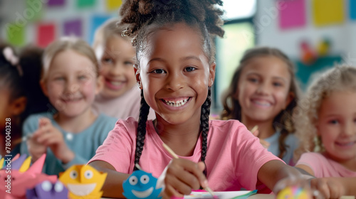 A diverse group of happy children sitting at a table in art class, painting and creating with paper collage and craft materials.