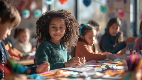 A diverse group of happy children sitting at a table in art class, painting and creating with paper collage and craft materials. photo