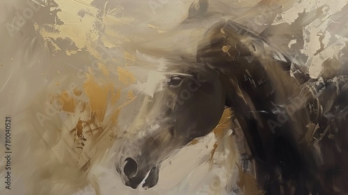Abstract oil painting illustration capturing the dynamic movement of horses in a gallop, with splashes of vibrant colors and gleaming golden highlights. 