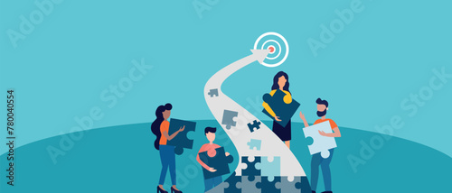 Build your way to success. Putting together a puzzle of a success. People standing around the rising arrow putting together the arrow puzzle. Vector illustration