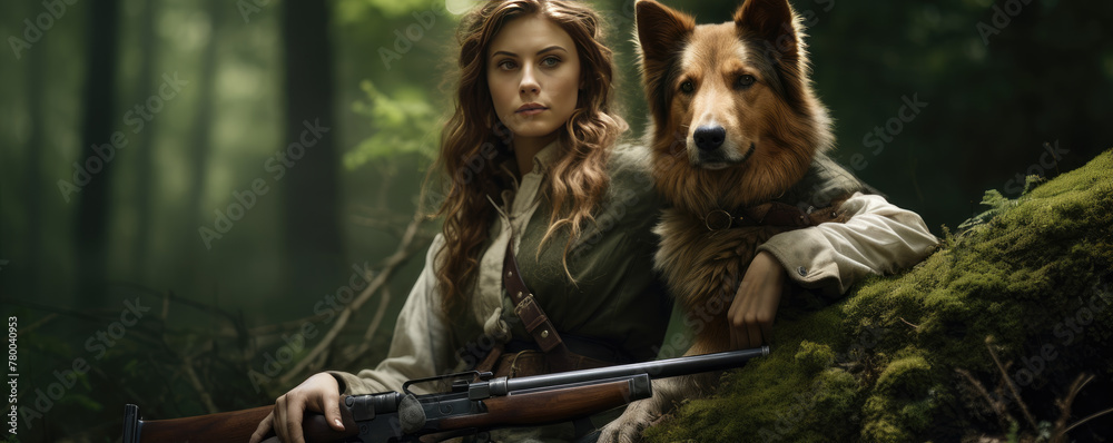 Woman hunter with her dog and rifle
