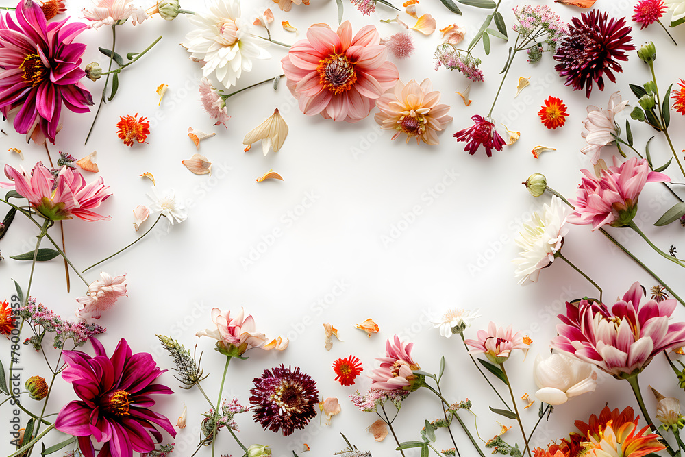 Composition of dried flowers and leaves on white background with space for text, ideal for decoration or artistic projects Composition of dried flowers and leaves on white background with space for text, ideal for decoration or artistic projects