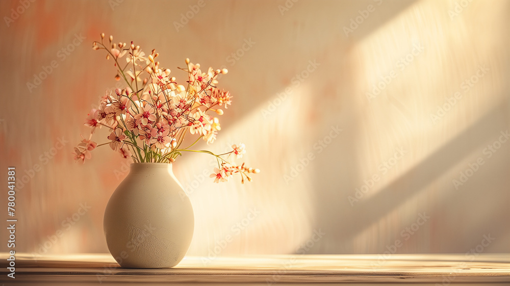 White vase with pink flowers on wooden table White vase with pink flowers on wooden table