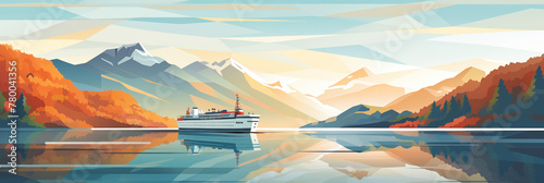 Cruise ship sailing through a tranquil fjord at dusk illustration